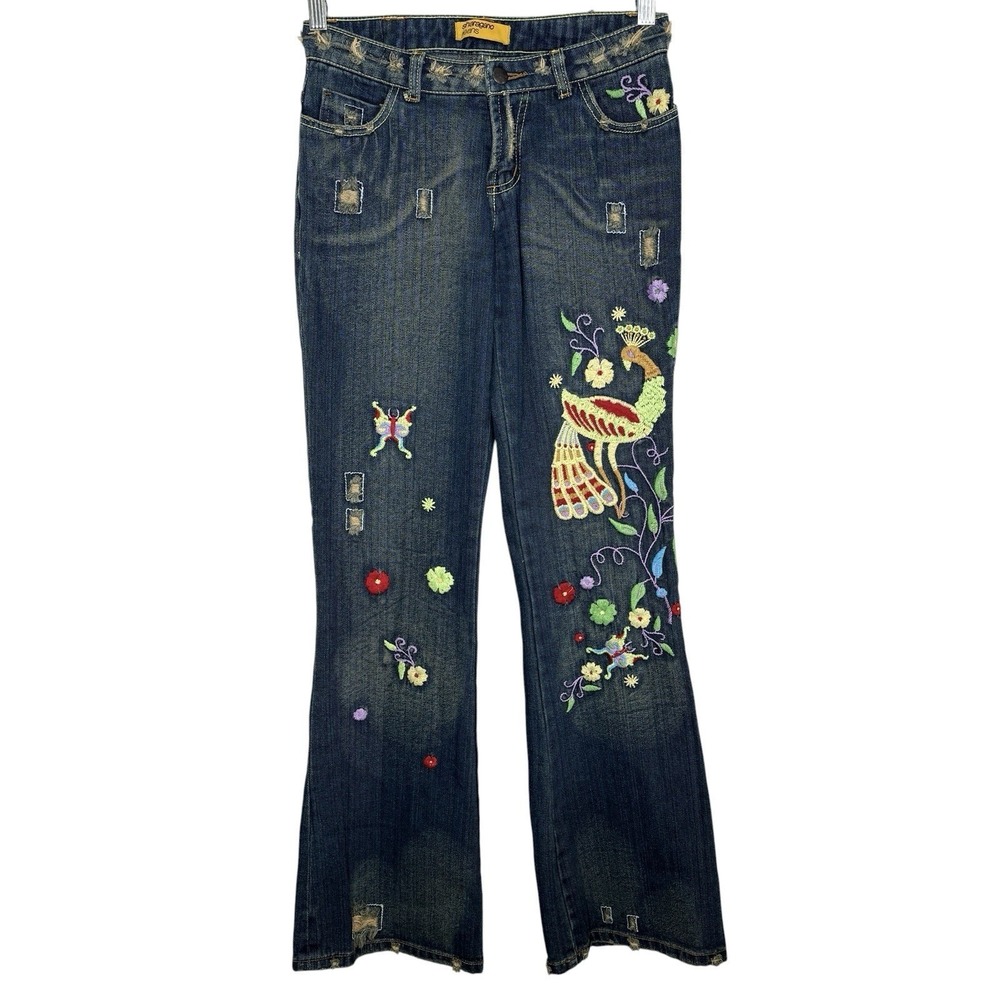 Sharagano Y2k Embroidered Peacock Bootcut Jeans 26X33 Boho Floral Low Festival